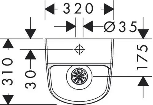 Urinal mit oben liegendem Zulauf und hinten liegendem Ablauf. Entwurf von Hansgrohe, spülrandlos, in Weiß, mit einer runden Form und zentraler Entwässerung.